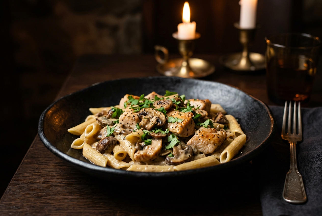 Pâte aux champignons et poulet