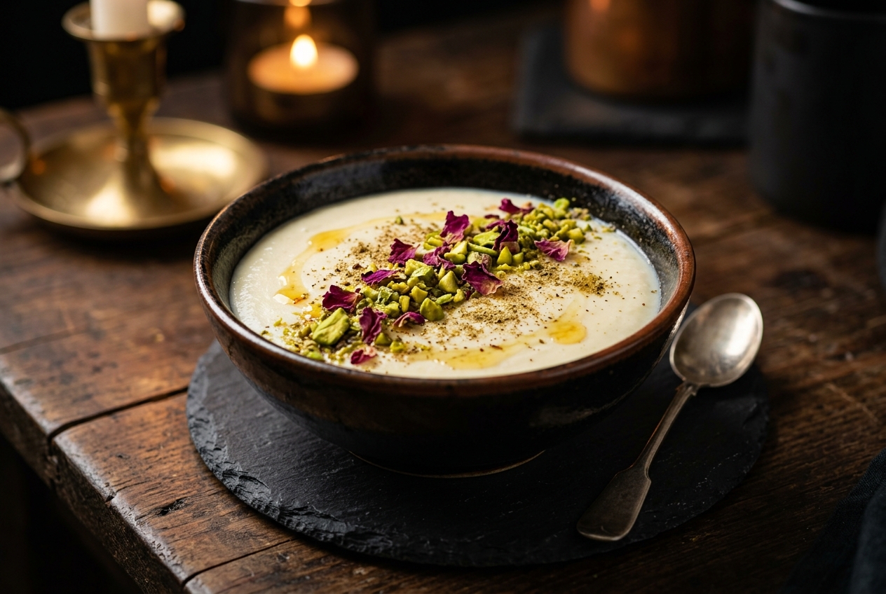 Firni — crème afghane à la cardamome et à l'eau de rose, pistaches et pétales de rose