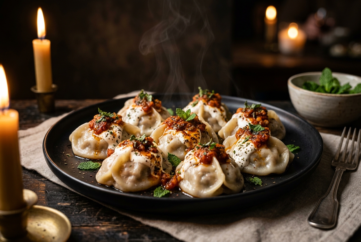 Mantoo — raviolis afghans vapeur, sauce yaourt à l'ail et sauce tomate-lentilles