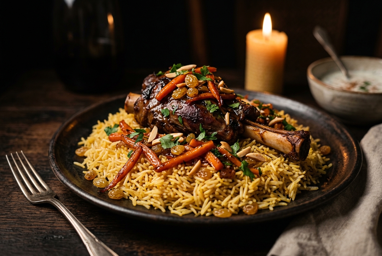 Qabili — riz afghan doré aux carottes caramélisées, raisins secs et souris d'agneau