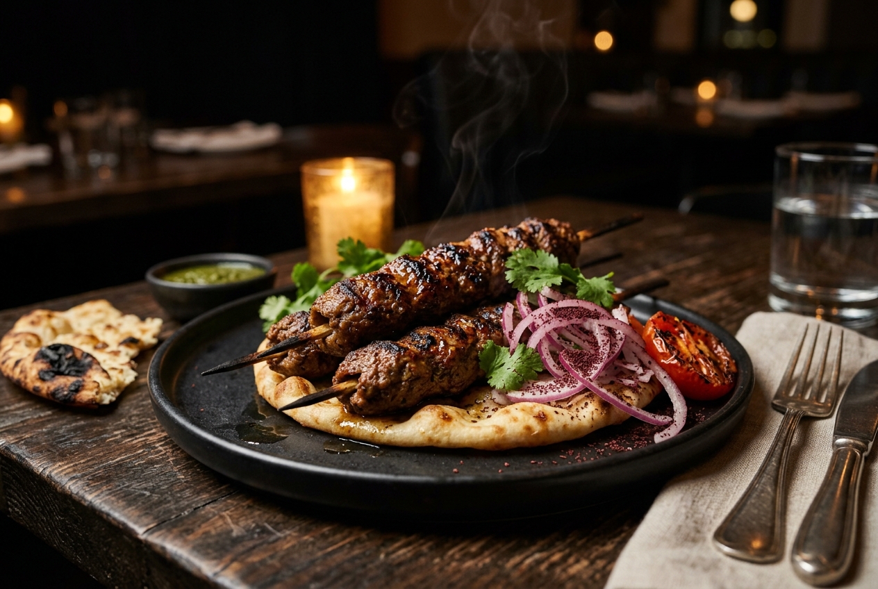 Sikh Kebab — brochettes de viande grillées au feu, oignons rouges au sumac et naan